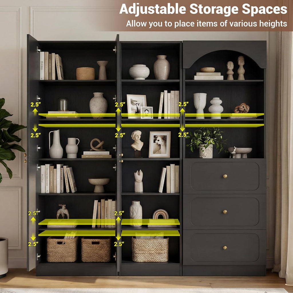 Cyclysio 80" Tall Pantry System with 4 Doors, Arched Corner Pantries with 3 Drawers, Wooden Floor Cupboard with 6-Tier Open Shelves for Living Room