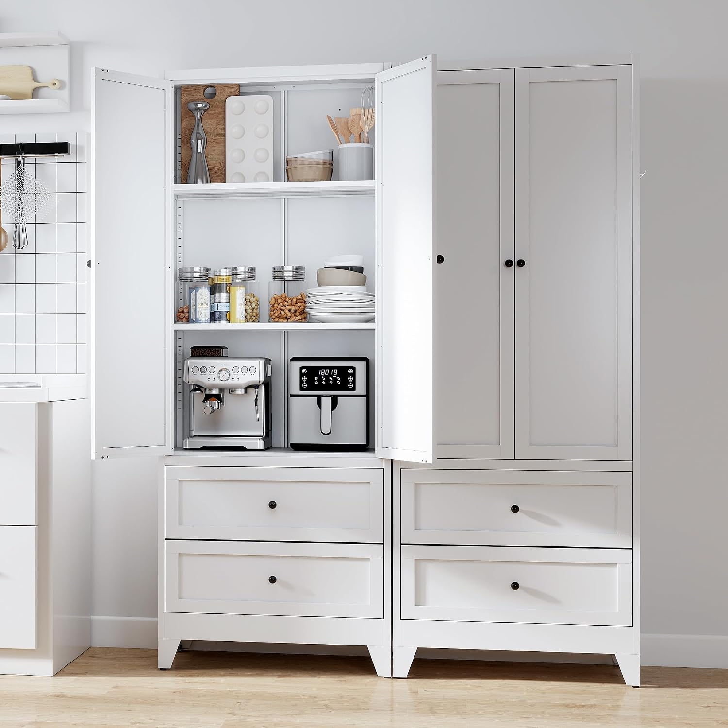 Kitchen Pantry Storage Cabinet, 72" H Storage Cabinet with 2 Drawers and Adjustable Shelves, Spacious Cupboard with Round Handles, Metal Kitchen Cabinet for Dining Room, Living Room, White