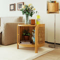 Acacia Wood Rattan Coffee Table, Side Table with Woven Cane Doors, Round End Table with Open Shelf for Bedroom, Living Room, Small Spaces (Antique Brown)