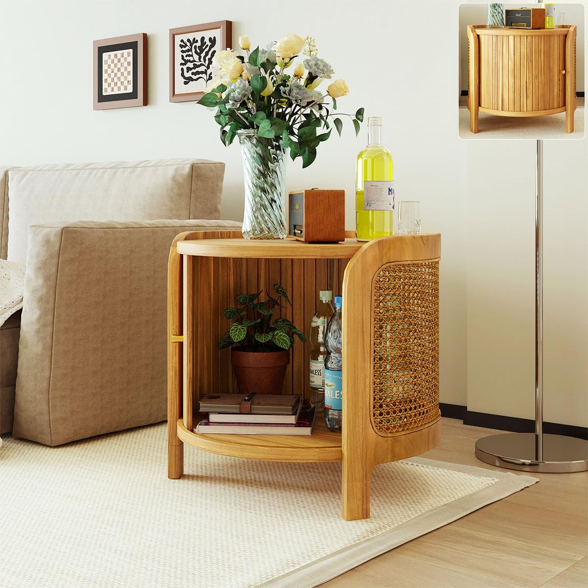 Acacia Wood Rattan Coffee Table, Side Table with Woven Cane Doors, Round End Table with Open Shelf for Bedroom, Living Room, Small Spaces (Antique Brown)