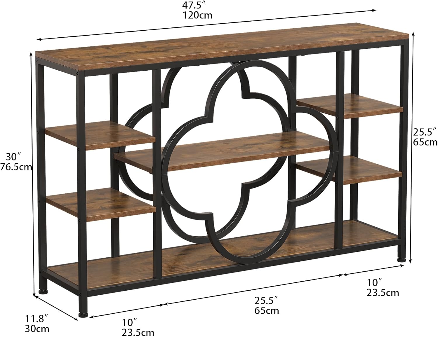 GiftGo 47" Farmhouse Console Tables for Entryway Retro Sofa Table Behind Couch Open Display Storage Shelves for Foyer, Hallway, Front Door,Living Room,Elegant Four-Leaf Clover (Rustic Brown, 47")