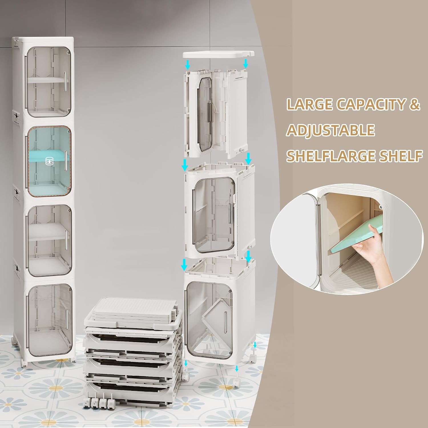 Narrow Slim Bathroom Storage Cabinet with Wheels, 4-Tier White | Tool Free Assembly, Adjustable Shelves, Fits for Narrow Spaces, Reinforced Stability, Magnetic Clear Door