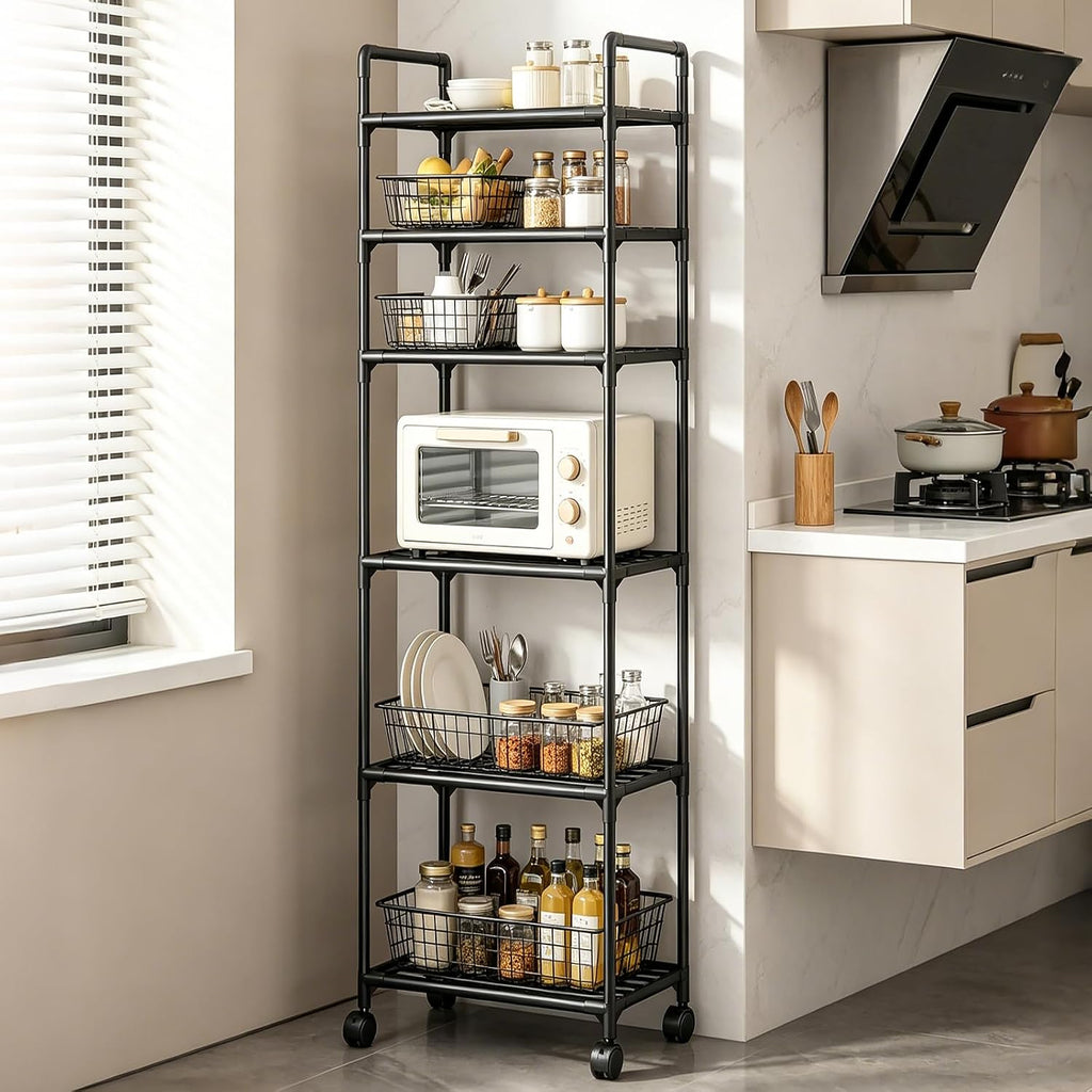 GOESWELL 6-Tier Slim Storage Cart: Rolling Utility Cart on Wheels with 2 Lockable Casters, Narrow Metal Shelving Unit for Kitchen Bathroom Laundry Home Organizer Black