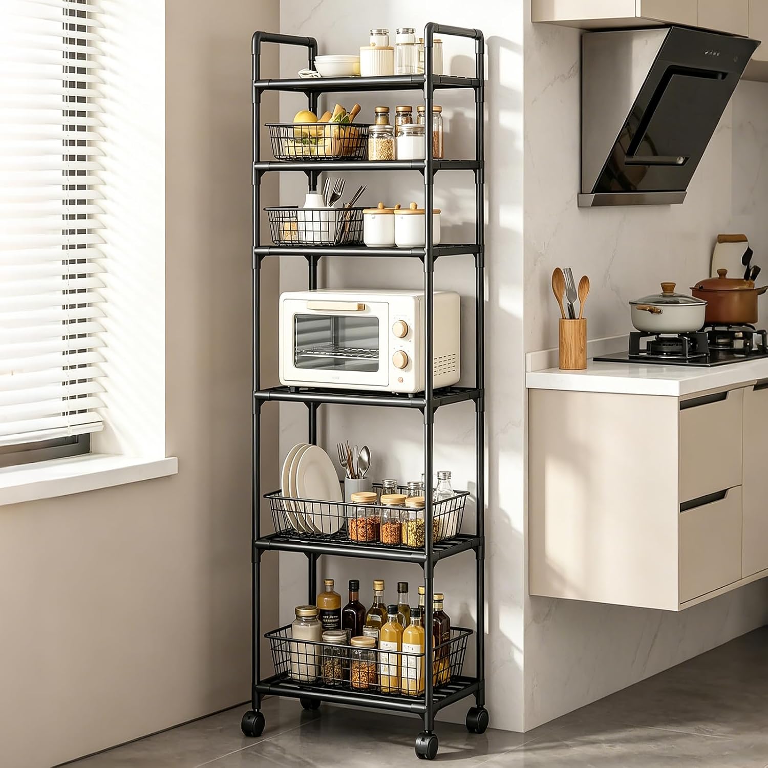 GOESWELL 6-Tier Slim Storage Cart: Rolling Utility Cart on Wheels with 2 Lockable Casters, Narrow Metal Shelving Unit for Kitchen Bathroom Laundry Home Organizer Black