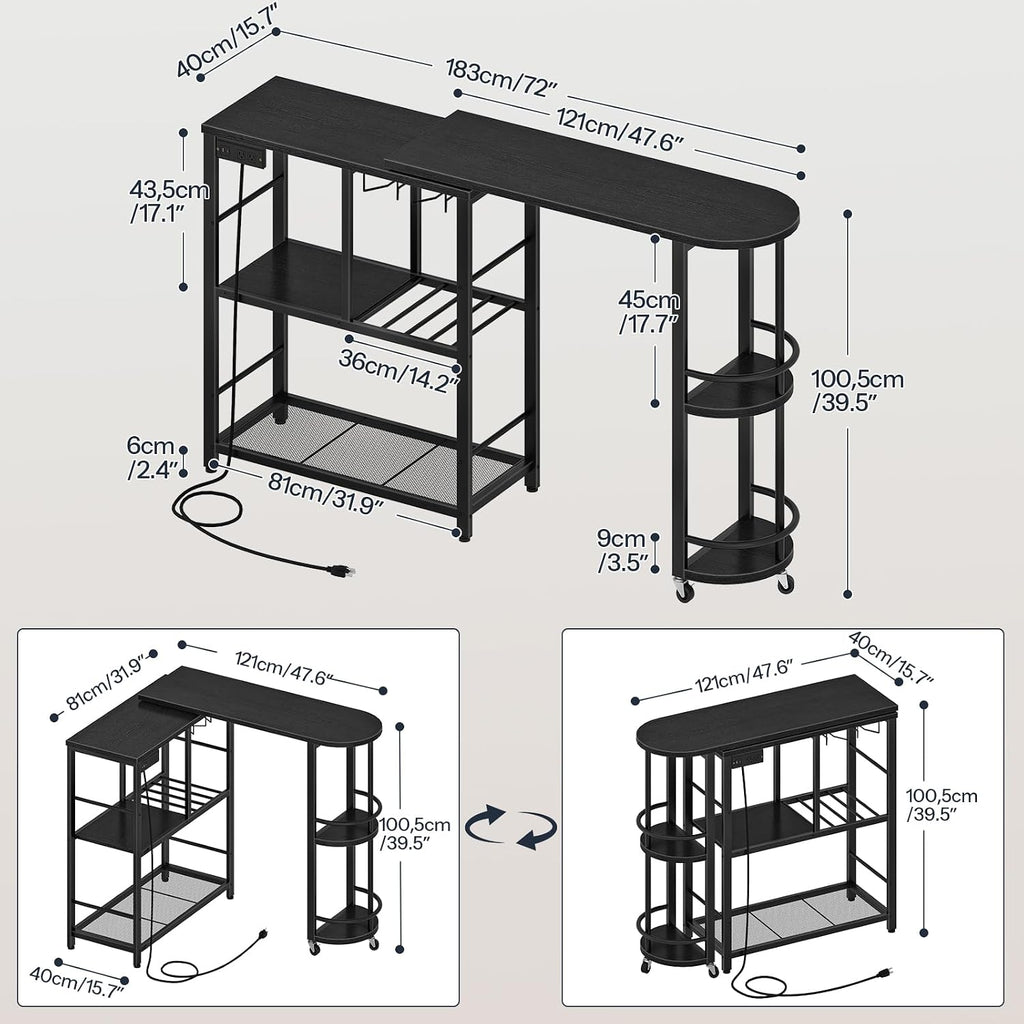 HOOBRO L-Shaped Bar Table, Home Bar Unit with Charging Station, 3-Tier Shelves with Wine Rack, 360° Extendable Bar Table on Wheels, Corner Mini Coffee Cabinet, for Pub, Kitchen, Black BB183UBT01