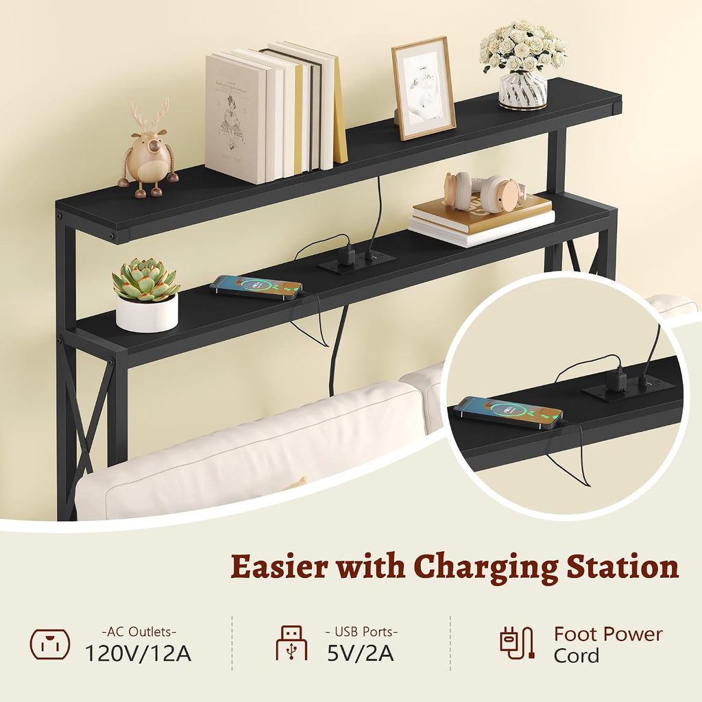 FAVOOSTY 46.8" Skinny Console Table with Charging Station and LED Light, 5.9" Narrow Sofa Table with Power Outlets and Type C & USB Port, Behind Couch Table for Living Room, Hallway, Entryway, Black