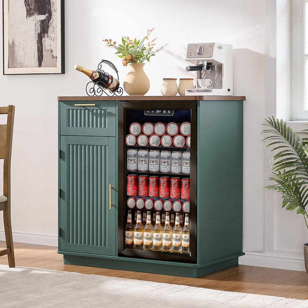 Okvnbjk Mini Fridge Cabinet with Storage & Power Outlet, Green | Coffee Bar Cabinet with Fridge Space, Modern Fluted Bar Cabinet with Drawer & Storage for Living Room, Dining Room, Dorm