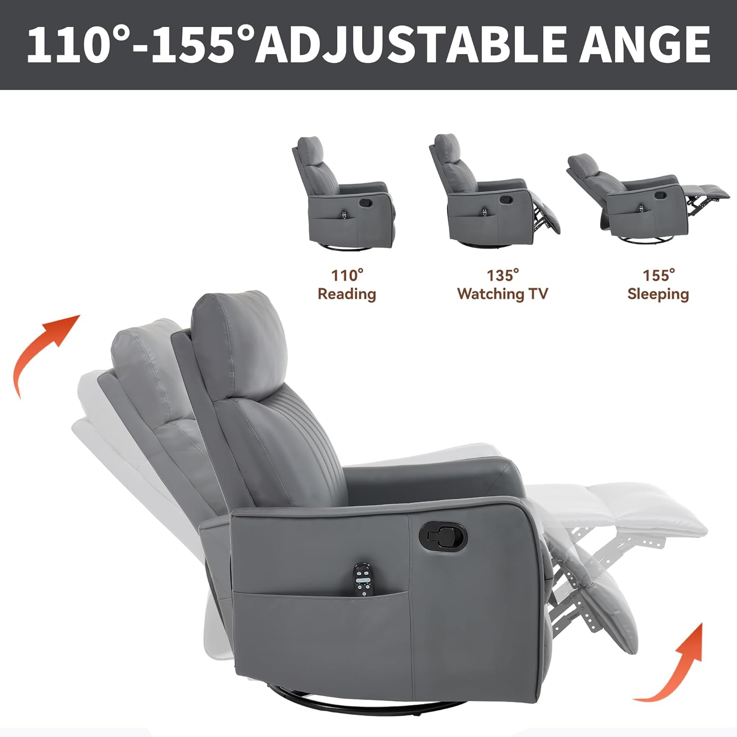 Manual Swivel Rocker Recliner Chair for Adults, Overstuffed Reclining Glider Chair for Nursing with Vibration Massage & Heat, Living Room Rocking Recliner 2-Stage backrest, Faux Leather Gray