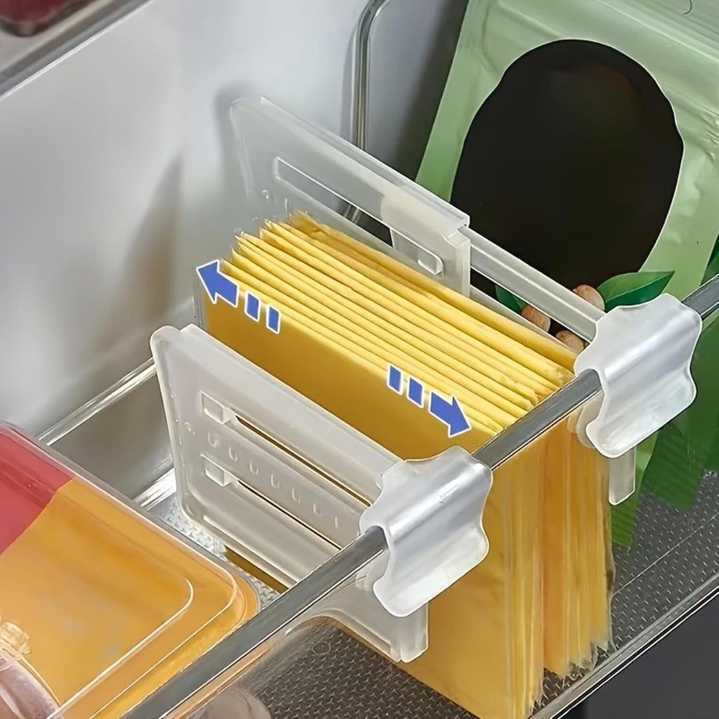 4 Pack Adjustable Refrigerator Drawer Dividers, Expandable Shelf Organizer Clips for Fridge Storage, Plastic Partition for Kitchen Drawer, Food Bag and Cheese Separator