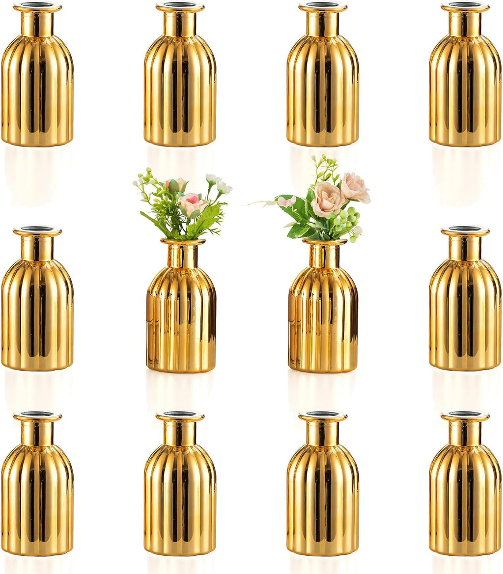 NUPTIO Bud Vases Small Gold: 12 Pcs Glass Vase Set in Bulk for Flowers - Mini Vintage Flower Bottle Single Vases for Wedding Table Centerpieces