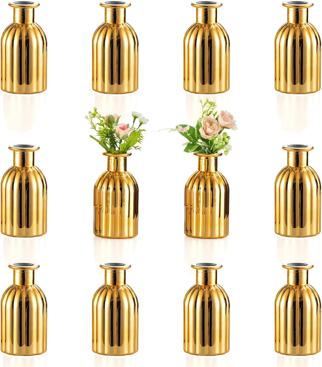 NUPTIO Bud Vases Small Gold: 12 Pcs Glass Vase Set in Bulk for Flowers - Mini Vintage Flower Bottle Single Vases for Wedding Table Centerpieces