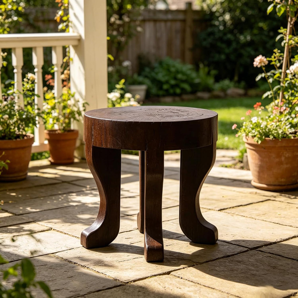 Rustic Round Wooden End Table, 13.5" H Dark Brown Solid Wood Accent Side Table with Sculptural Legs, Bedroom, Patio,