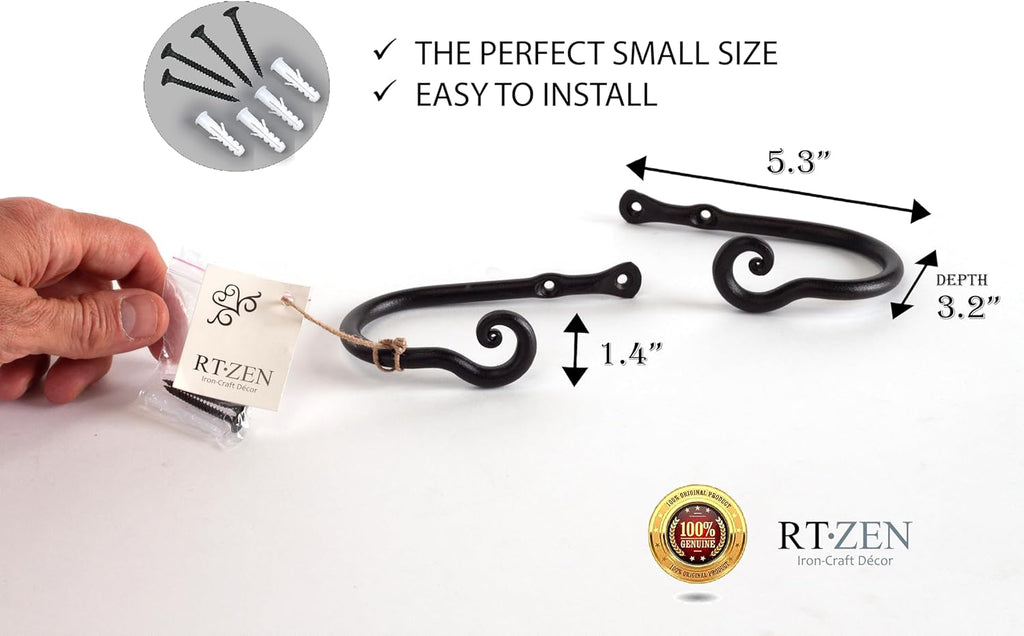 RTZEN Decorative Metal Curtain Tiebacks - Farmhouse Wrought Iron Curtain Holdbacks - Drapery Holders for Wall - Unique Metal Tie Backs for Curtains - 2 Pcs (Black Classic)