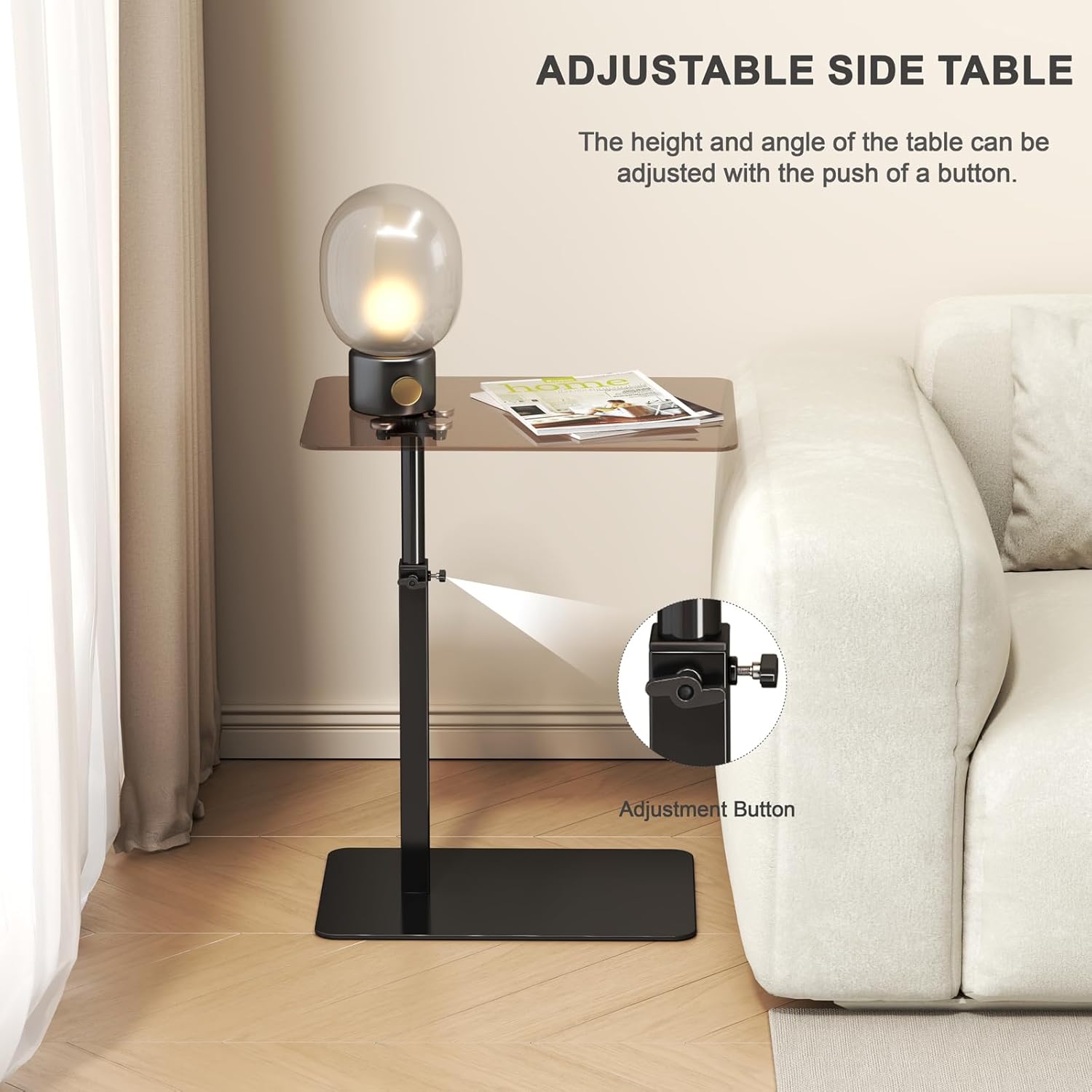 Glass C Shaped End Table Adjustable Height, Metal Base C Shaped Side Table for Sofa/Bed, 360°Swivel Couch Tables That Slide Under, Small Clear Coffee Table for Bedroom Living Room (Glass)