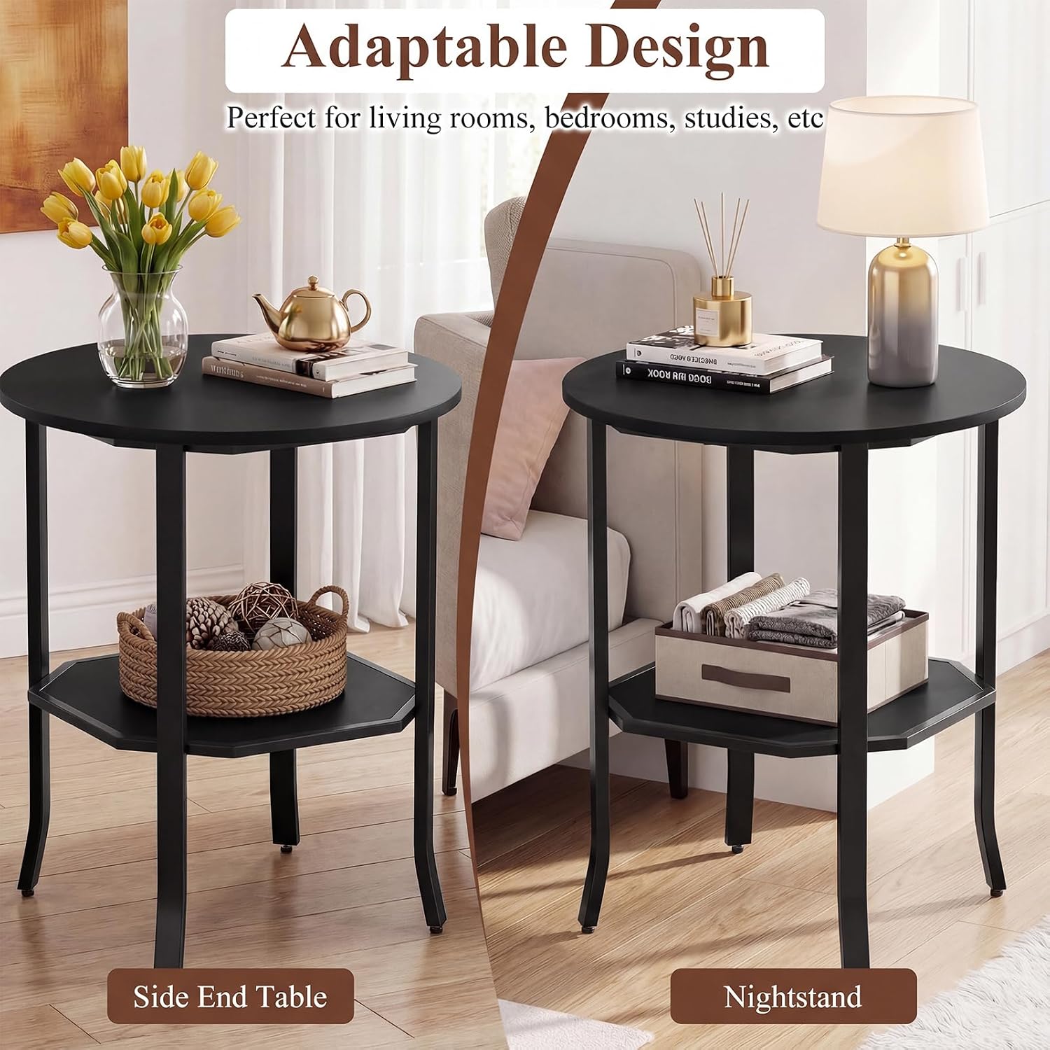 GOFLAME 2-Tier Round End Table, 20” Couch Sofa Side Table with Octagonal Storage Shelf & Metal Frame, Industrial, Modern Bedside Tables, Compact Nightstand for Living Room, Bedroom (Black,1)