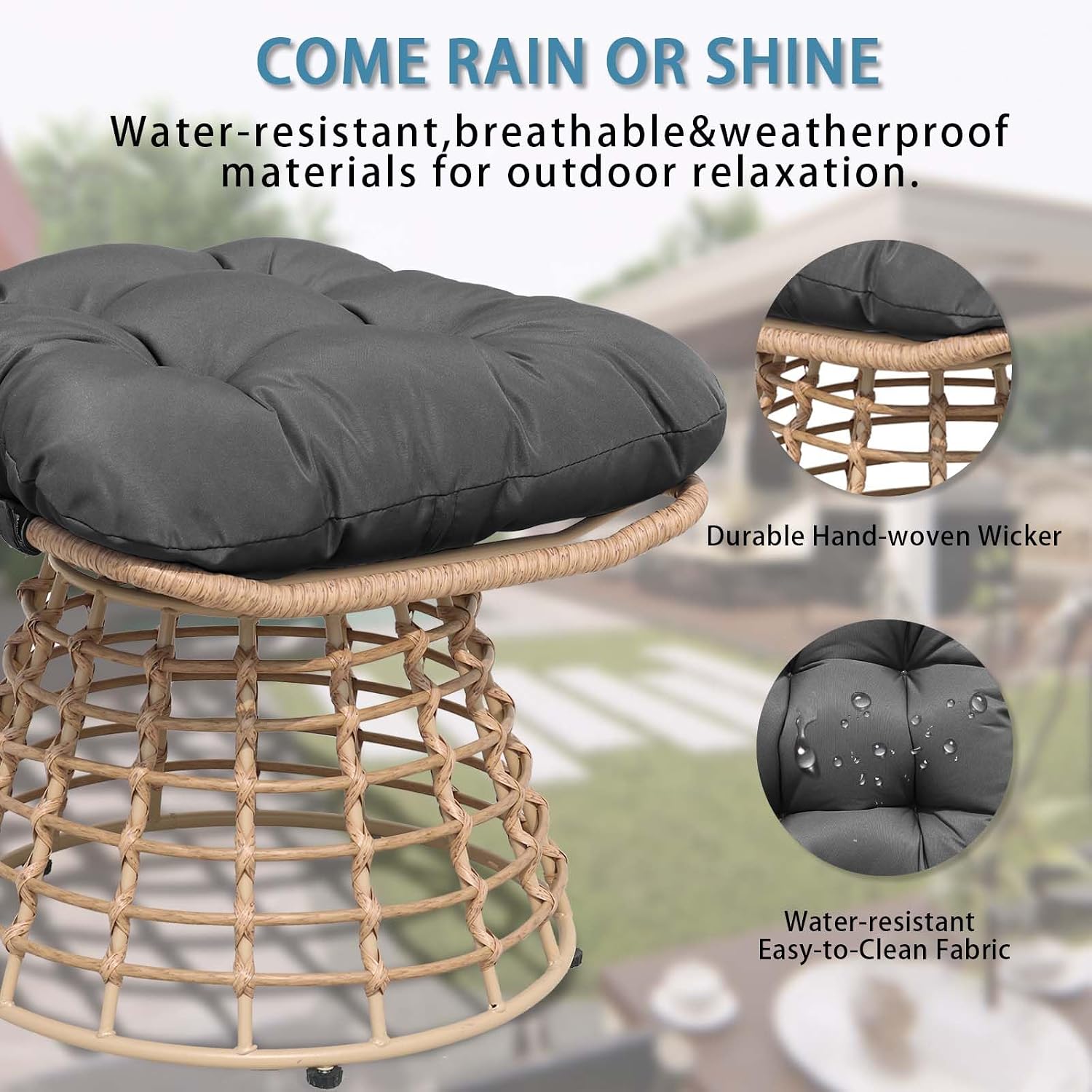 2 Pieces Swivel Outdoor Ottomans for Patio Foot Rest, PE Rattan Wicker Ottoman with Cushions, Outdoor Footstool Footrest Seat, for Patio, Garden, Poolside (2 Piece Ottoman Black)