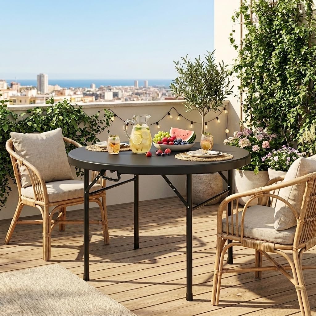 DWVO 48" Round Folding Table Black Heavy Duty Plastic Outdoor Indoor Portable Banquet Card Table with Thick Top and Strong Steel Frame for Picnic Camping Party Event Hosting Solutions