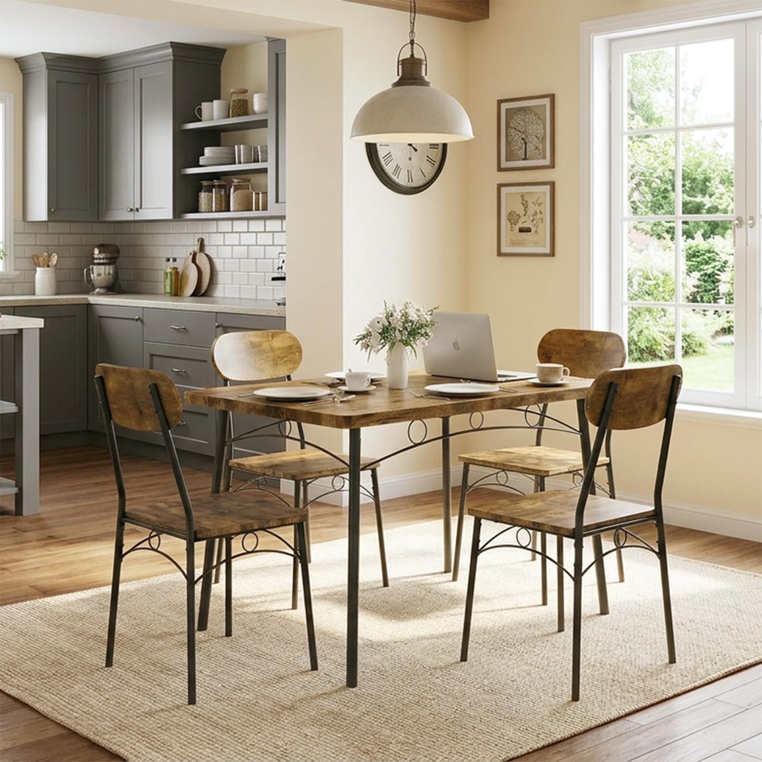 VECELO Dining Table Set for 4, 5-Piece Kitchen Table with 4 Chairs, MDF Board Tabletop with Metal Frame for Small Space, Compact Dinette, Breakfast Nook, Brown