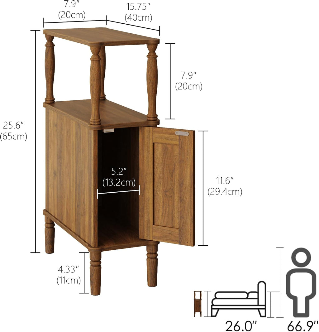 Veegle Narrow Nightstand,Mid-Century Modern Nightstand with Storage, Skinny End Side Table for Bedroom and Living Room(Walnut Brown)