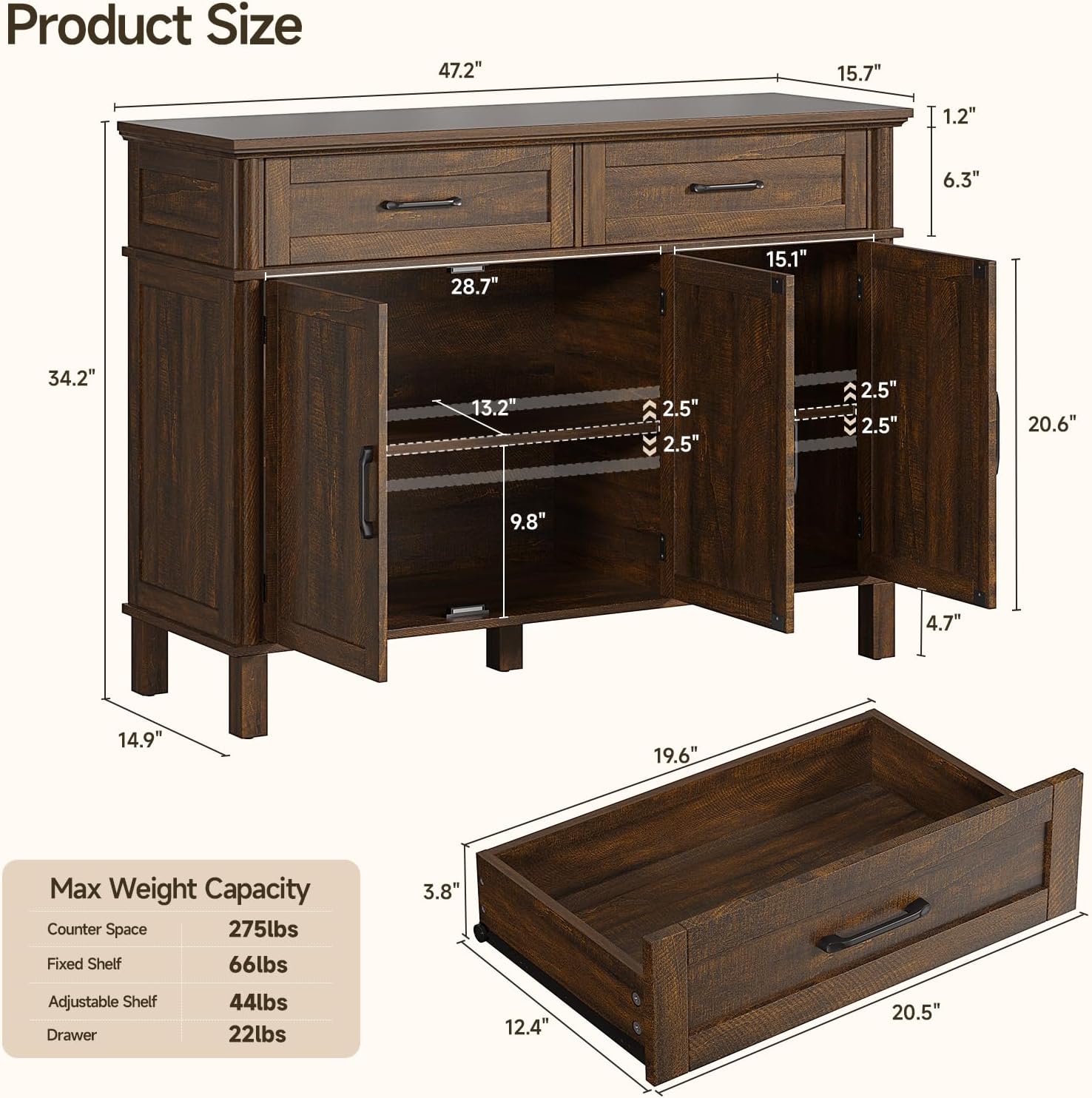 48 Inch Sideboard Buffet Cabinet with Storage, Farmhouse Coffee Bar Cabinet with 4 Drawers, Adjustable Shelves, Wood Sideboard Credenza for Kitchen, Living Room, Entryway, Brown