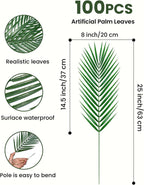 100 pcs 25 Inch Artificial Palm Leaves, Large Fake Palm Fronds Stems, Palm Branches Faux Tropical Plants for Palm Sunday, Jungle Beach Wedding Luau Party Home Decor, Palm Leaf, Palmas Artificiales