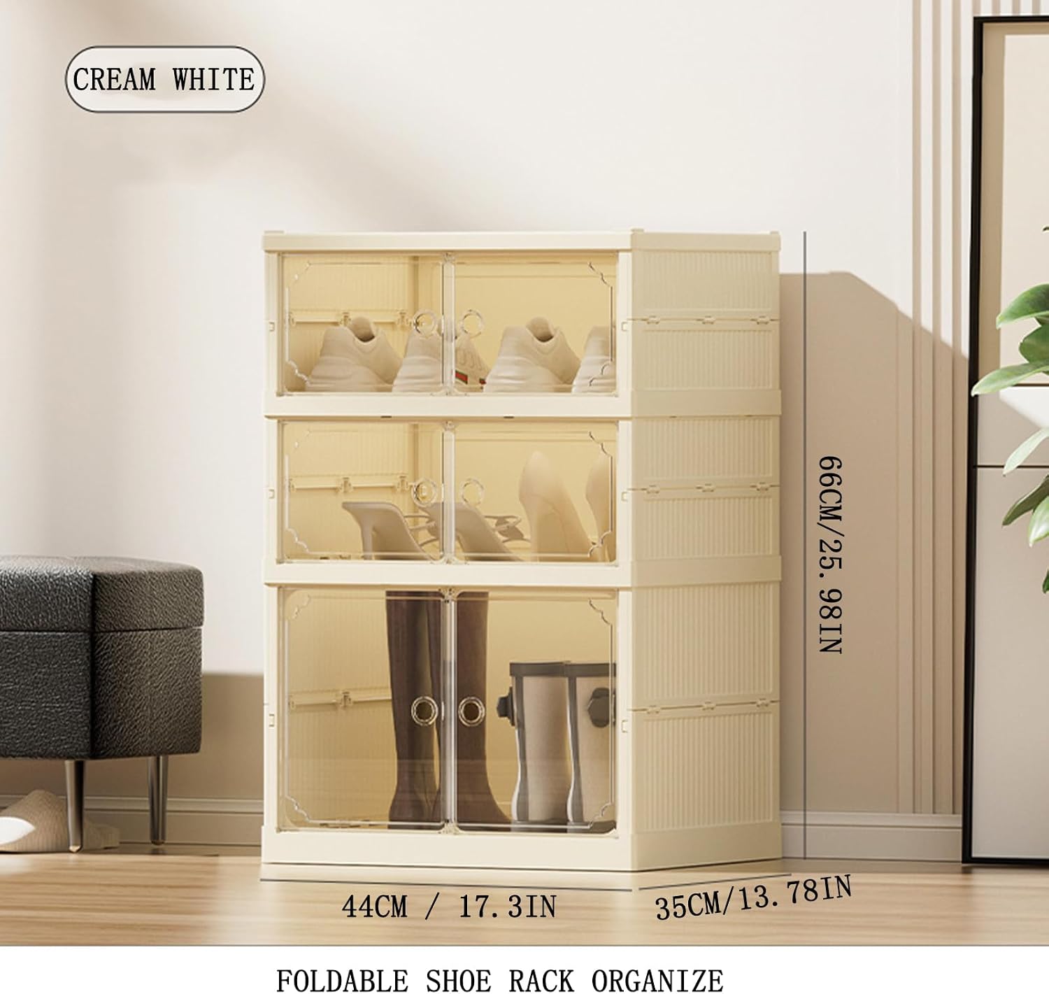 3Tier Foldable Shoe Rack Organizer for Closet,6Pairs Collapsible Plastic Shoe Shelf,Large Shoes Cabinet with Door,Clear Stackable Storage Box Easy Assembly,for Living Room(3Tier6Pairs Cream White)