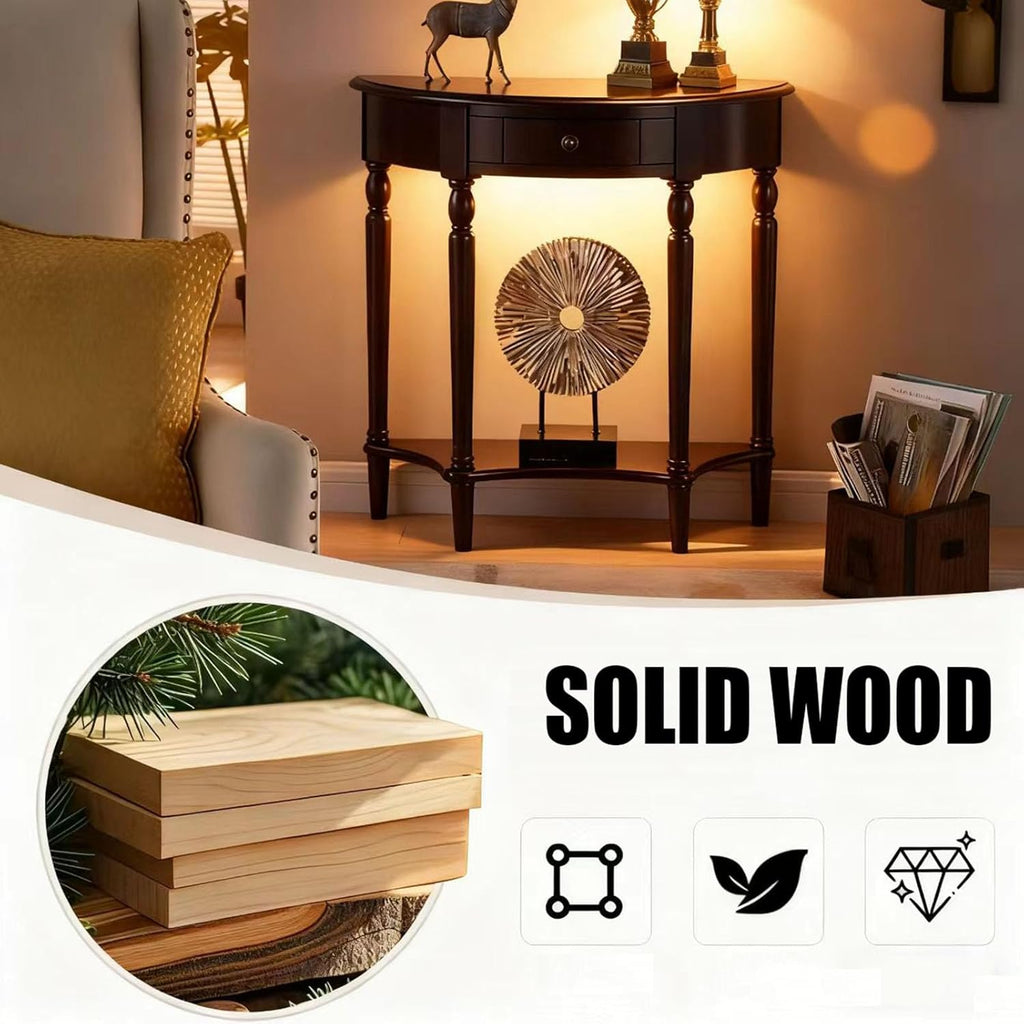 Half Moon Table, Table Solid Wood with Drawer Half-Moon Porch Side Elegant Vintage, Semi-Circle Entryway Storage Shelf, for Hallway Entrance Decor(Walnut-Colored, 23.6" L x 11.8" W x 31.5" H)