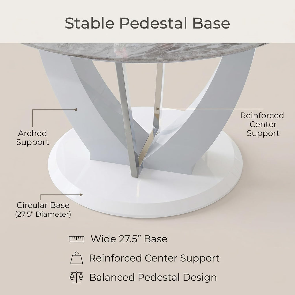 Modern 5 Piece Round Dining Table Set for 4, 47.2" Gray Faux Marble Kitchen Table with Black Upholstered PU Leather Chairs, Dining Room Furniture Set for Apartment, Breakfast Nook, Small Space