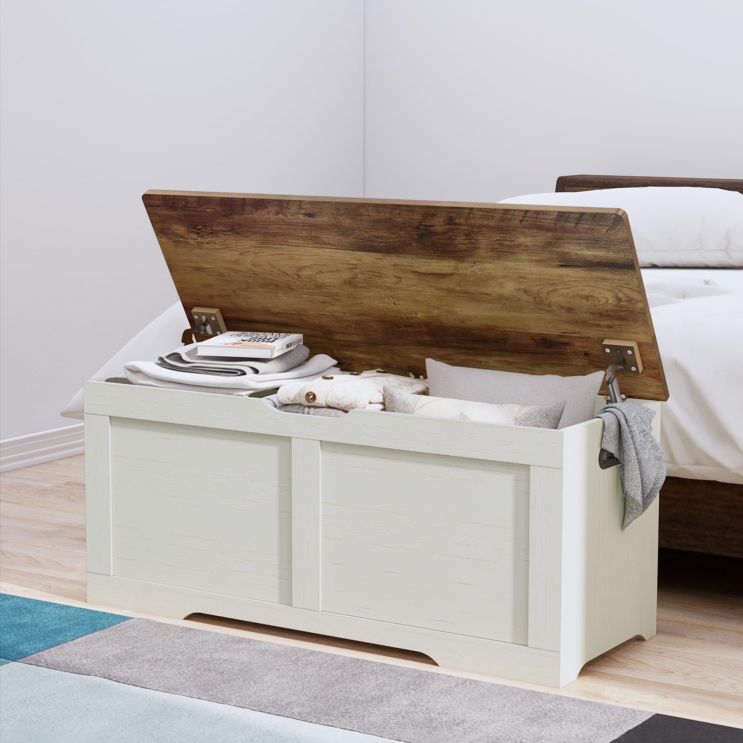 Timberer 39.4" Storage Chest, Wooden Storage Bench, Lift Top Toy Chest with 2 Safety Hinges, Large Toy Box, Entryway Bench for Living Room, Bedroom, Brown and Rustic White