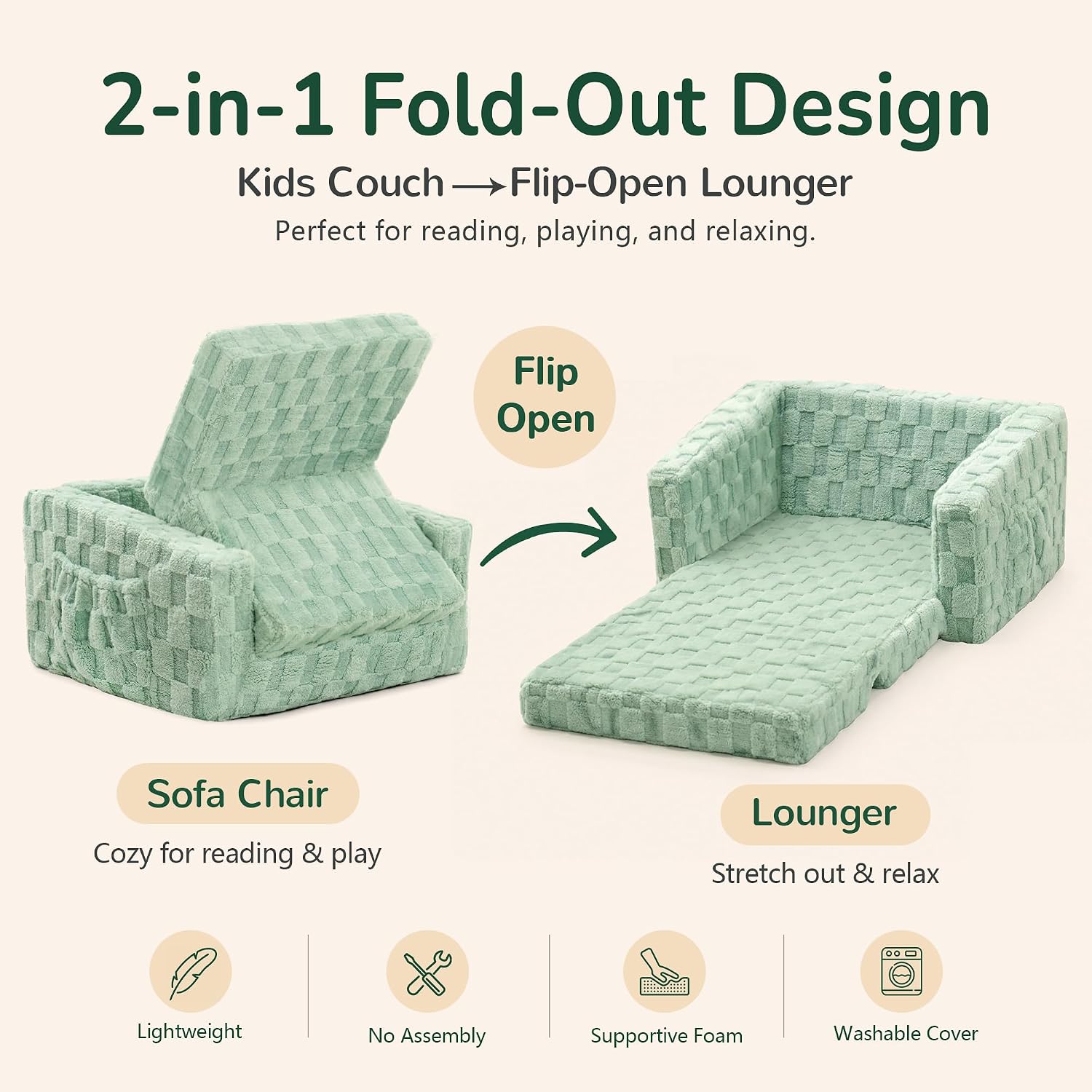 Toddler Couch for Kids, 2-in-1 Kids Fold Out Couch with Flip Open Sofa Lounger, Soft Flannel Kids Sofa Chair for Playroom Bedroom, Green