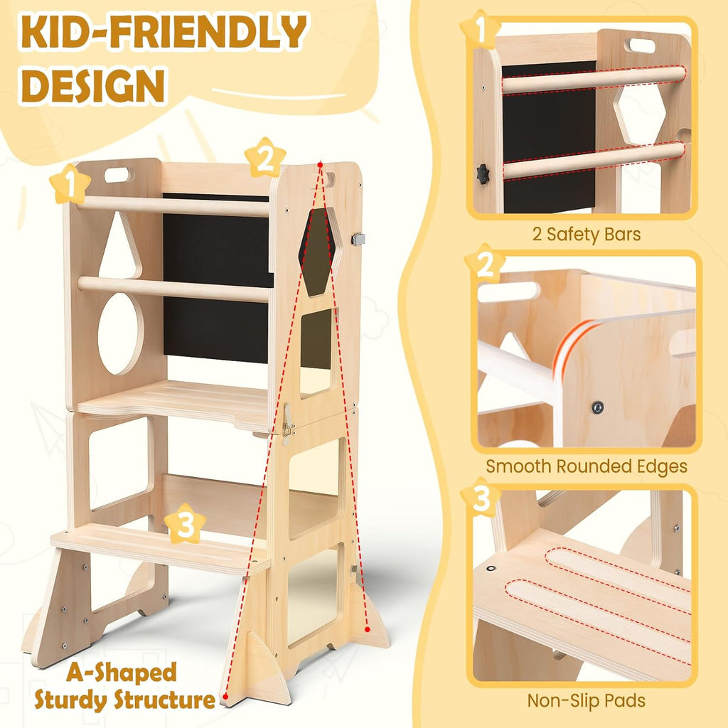 Toddler Standing Tower with Anti-Fall Buckle, 4-in-1 Anti-Slip Toddler Kitchen Step Stool with Blackboard, Foldable Wooden Kitchen Stool Helper for Kids, 1-3 Year Old Boy Girl Gifts