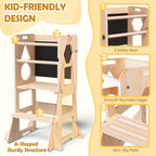 Toddler Standing Tower with Anti-Fall Buckle, 4-in-1 Anti-Slip Toddler Kitchen Step Stool with Blackboard, Foldable Wooden Kitchen Stool Helper for Kids, 1-3 Year Old Boy Girl Gifts