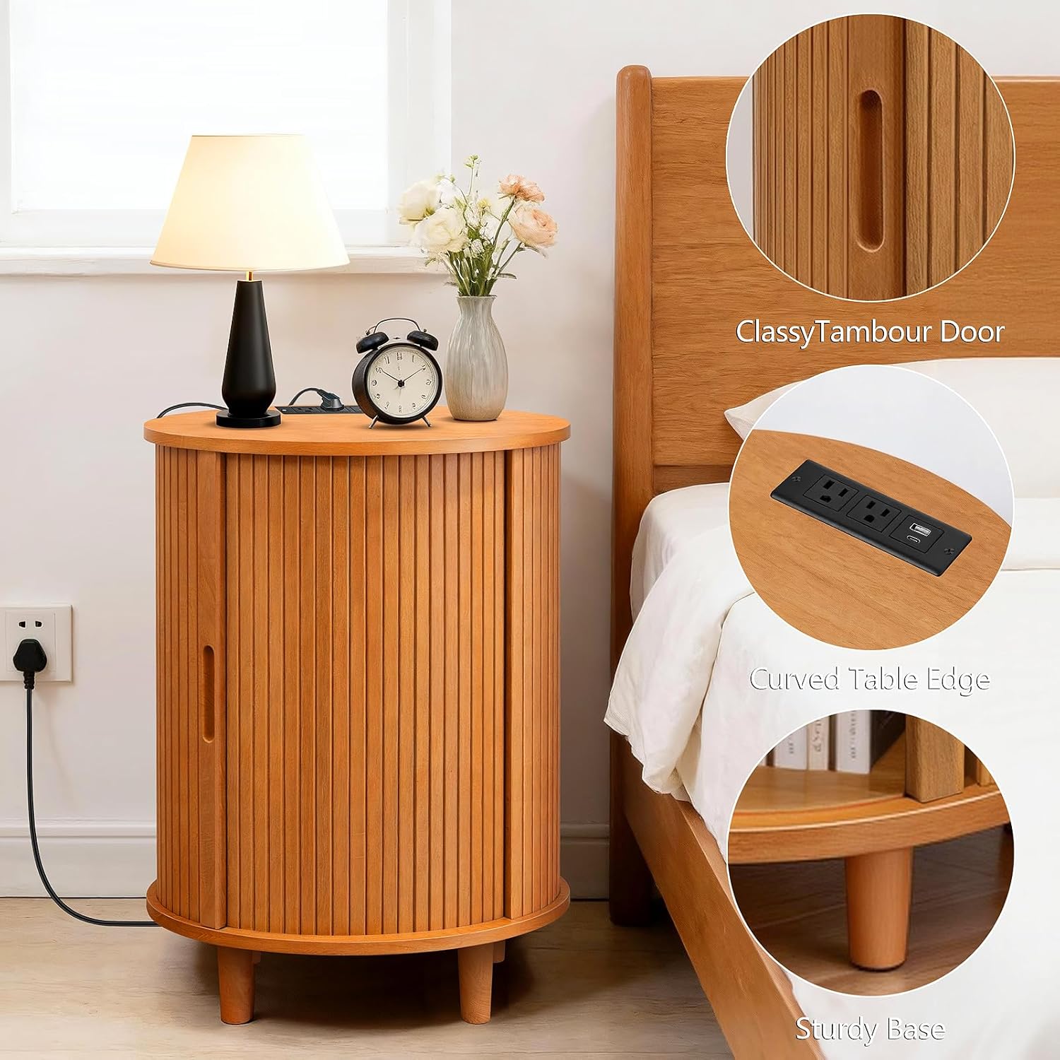 DHH Round End Table with Storage & Charging Station, Fluted Accent Side Table with Sliding Door & Adjustable Shelf, Mid-Century Nightstand for Small Spaces, Living Room, Bedroom (1, Yellow Walnut)