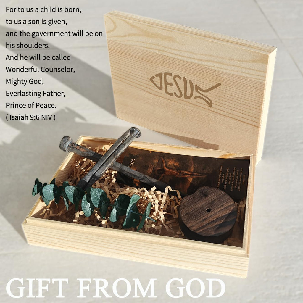 LeMeeOly Jesus Christ Crucifixion Nail Metal Cross Wooden Base, Religious Gifts for Mom Mothers Day, Baptism & Religious Gifts for Men Women,Christian Home Decor (Solid Wood Base)