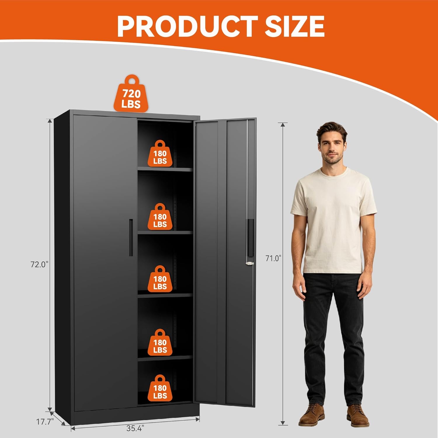 SAWJEC Metal Storage Cabinet with Lock, 72"H Tall Garage Storage Cabinet, Heavy Duty Steel Locking Cabinet with 4 Adjustable Shelves, Black File Cabinet for Home Office Workshop, 18"D x 35"W x 72"H