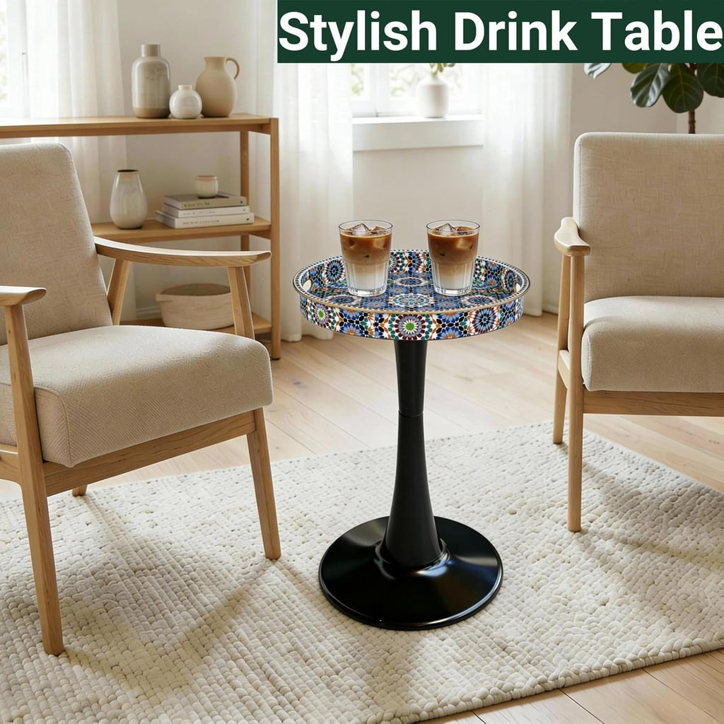 Gesodant Boho Chic Round Side Table, 13" Artistic Patterned Small Drink Table with Glossy Tray Top, Stable Hourglass Pedestal Base, Unique Plastic End Table for Living Room, (Moroccan)