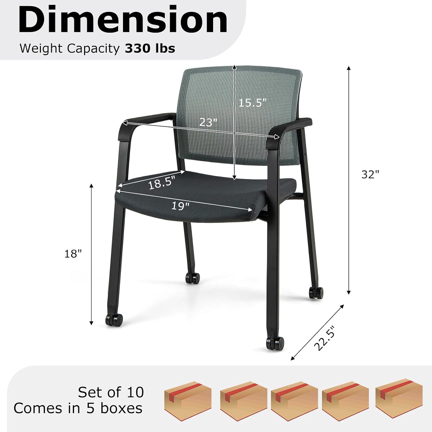 Giantex 10-Pack Waiting Room Chair Set, Rolling Office Desk Chairs with PU Wheels, Armrests, Stackable Guest Chair for Office, School, Lobby,Reception, Conference, Grey