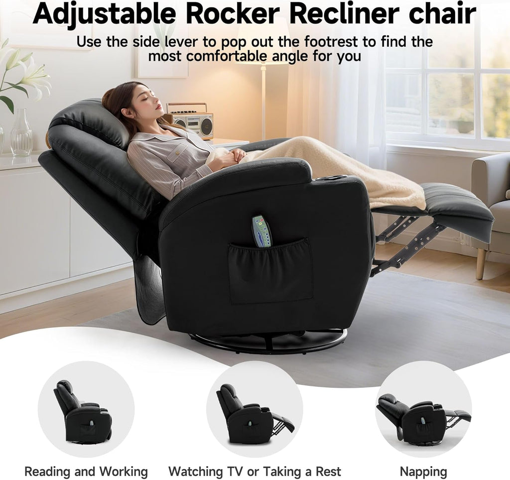Korser Recliner Chair, Rocking Chair with Massage and Heat, 360° Swivel Recliner Chairs for Adults, Rocker Manual Recliner with Remote Control and Cup Holder for Living Room, Bedroom, Nursery