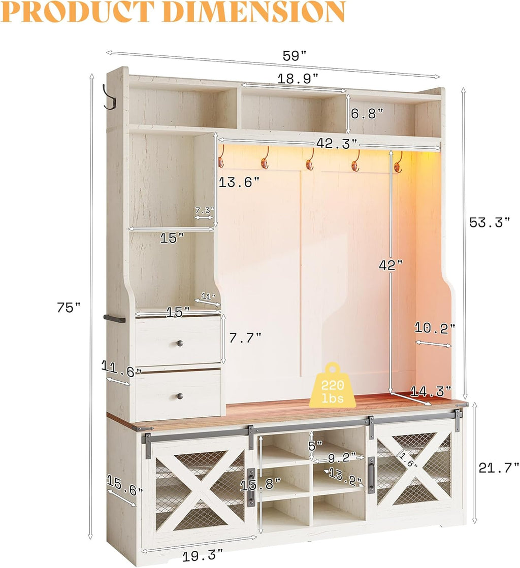 AMERLIFE 75" 7-in-1 Farmhouse Hall Tree with Bench and shoe storage, LED Entryway Bench with Coat Rack, 12 Shoe Cubbies, 2 Drawers, Barn Doors & Adjustable Shelf, Mudroom Hallway Cabinet, Rustic White