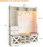 AMERLIFE 75" 7-in-1 Farmhouse Hall Tree with Bench and shoe storage, LED Entryway Bench with Coat Rack, 12 Shoe Cubbies, 2 Drawers, Barn Doors & Adjustable Shelf, Mudroom Hallway Cabinet, Rustic White