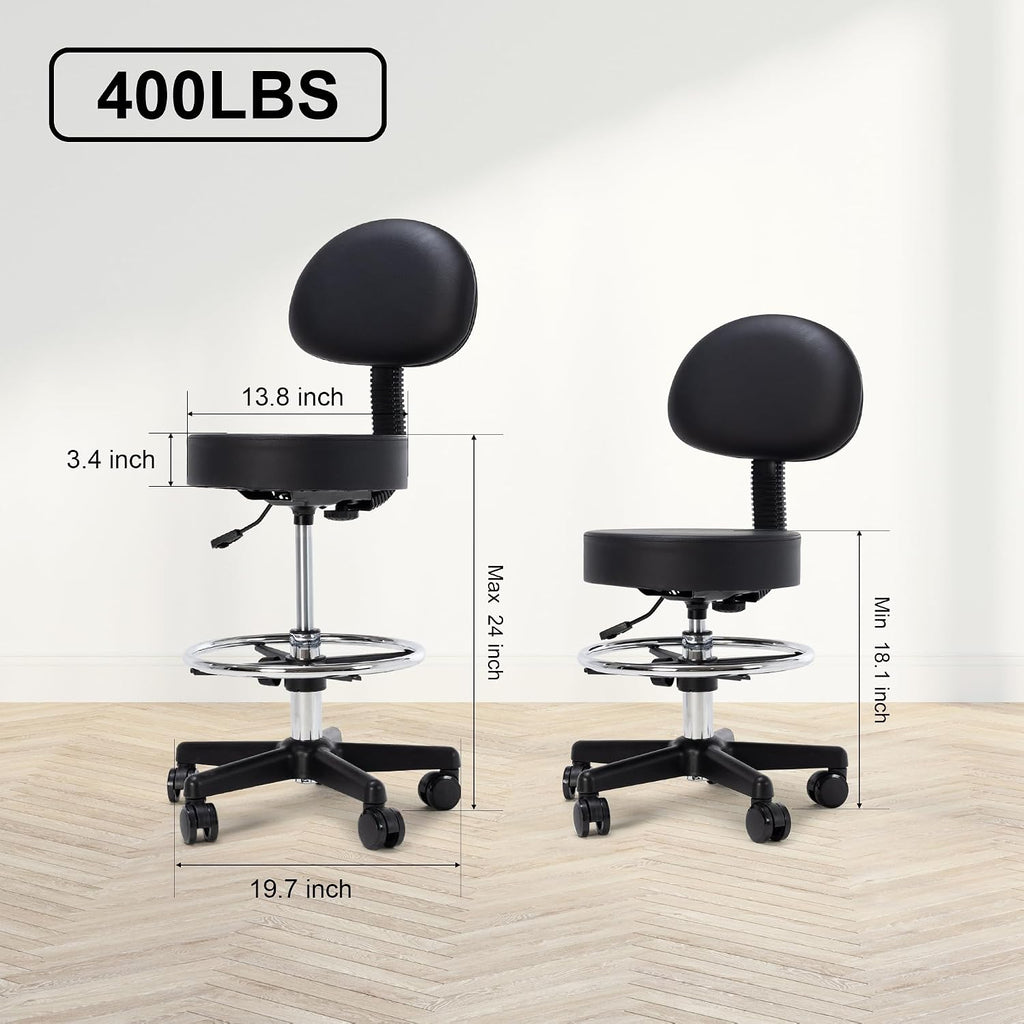 Frassie Drafting Chair with Back Adjustable Spa Bar Rolling Stool Multi-Purpose Office Desk Chair, Swivel Task Chair with Footrest Ring (Black)
