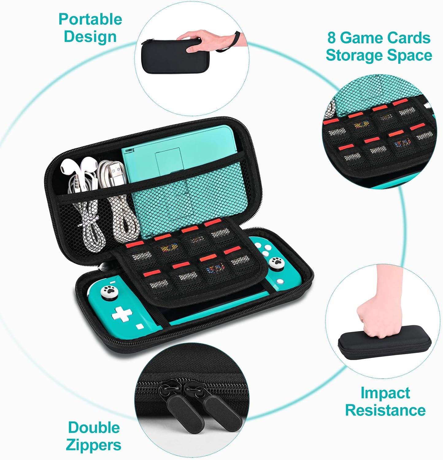 innoAura Switch Lite Case 12-in-1 Accessories Bundle for NS Switch Lite (2019), with Protective Carrying Case, Hand Strap, Screen Protector & Cute Thumb Grips, Black