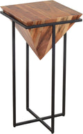 30 Inch Pyramid Shape Wooden Side Table with Cross Metal Base, Brown and Black