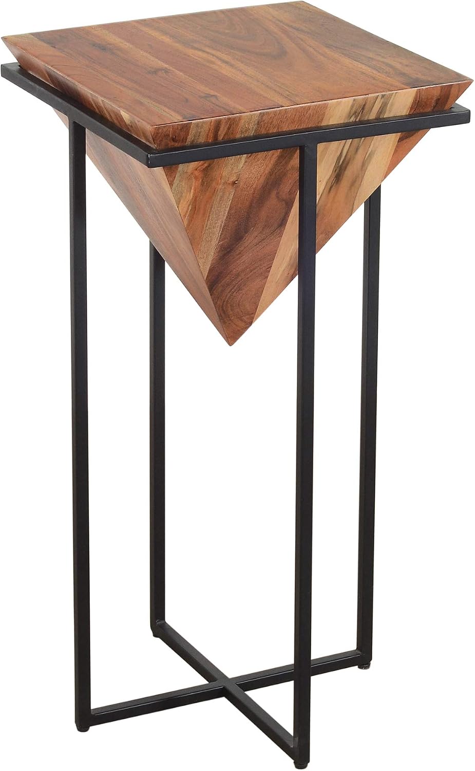 30 Inch Pyramid Shape Wooden Side Table with Cross Metal Base, Brown and Black