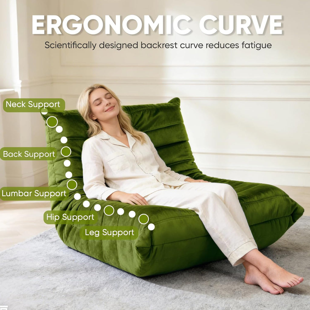 Trenda Bean Bag Chair for Adults, High-Density Foam, Dutch Velvet, Green | Togo chair with dual-layer foam, providing body-contouring support for reading, gaming, reclining and everyday lounging