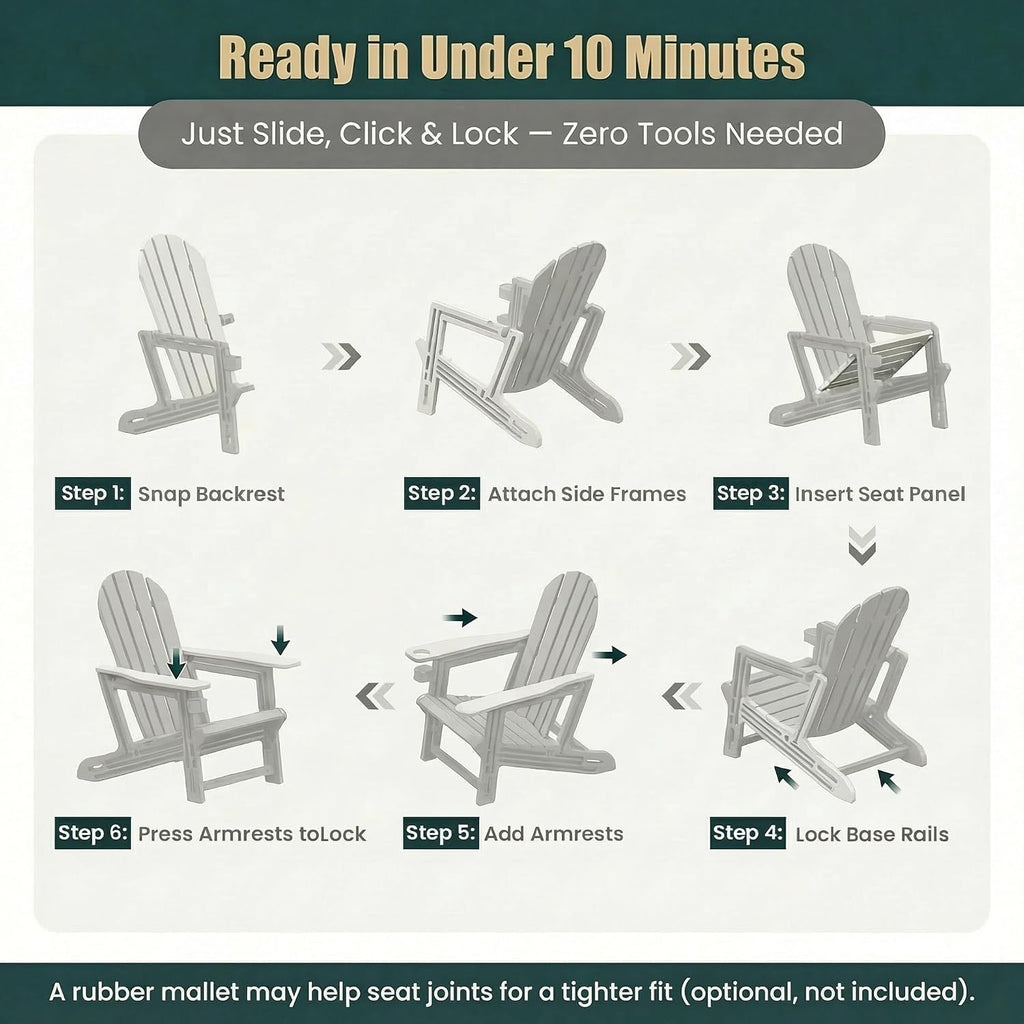Adirondack Chair with Cup Holder,Tool-Free Assembly,No Screws Needed,All-Weather HDPE Plastic Outdoor Patio Chair,Wood-Grain Slatted Look,Easy to Take Apart for Storage,Fire Pit Chairs（Navy blue）