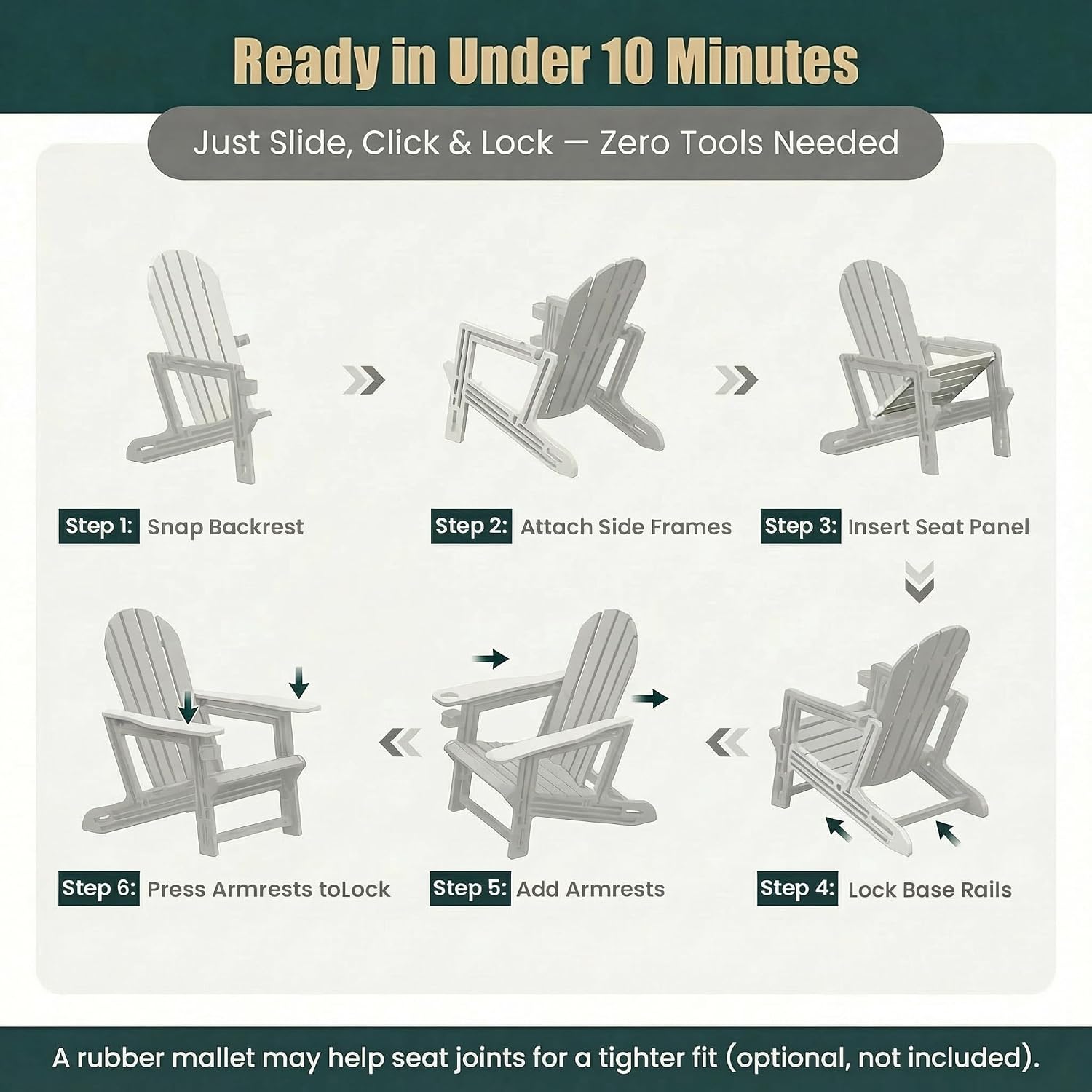 Adirondack Chair with Cup Holder,Tool-Free Assembly,No Screws Needed,All-Weather HDPE Plastic Outdoor Patio Chair,Wood-Grain Slatted Look,Easy to Take Apart for Storage,Fire Pit Chairs（Navy blue）