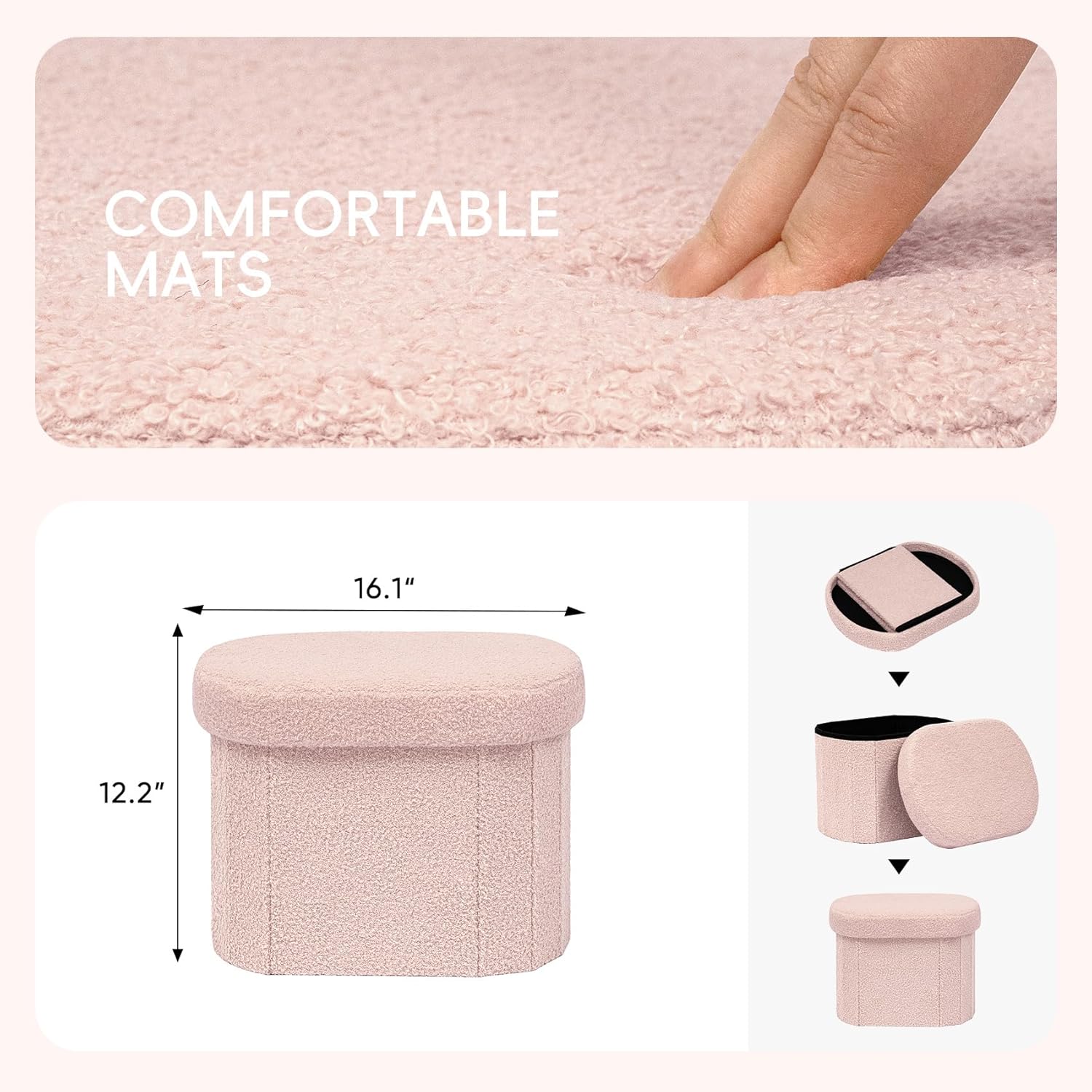PINPLUS Storage Ottoman Boulce Tufted Oval Small Ottomans for Living Room Foot Rest with Storage, Pink 16.1"x12.2"x12.2" (Pink)