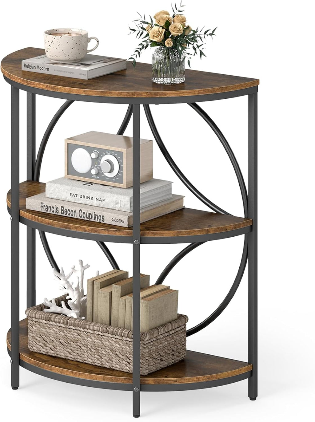 Giantex Half Round End Table - 3-Tier Narrow Sofa Side Table w/Study Metal Frame & Storage Shelves, Half Moon Circle Bedside Night Stand for Living Room Bedroom Small Spaces (Rustic Brown,1)