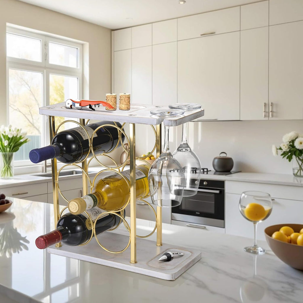 Gold Wine Rack with Glass Holder, Countertop Wooden Wine Holder for 6 Bottles & 2 Glasses, Includes Storage Trays for Corks & Openers – Perfect White & Gold Wine Display for Home Bar & Kitchen Decor